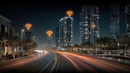Obraz premium City skyline at night with illuminated wireless signals over buildings.