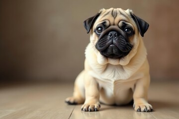 Obraz premium Adorable pug dog sitting, looking directly at camera, pet, funny, close-up