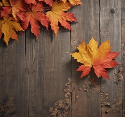 Golden and crimson maple leaves on weathered wood surface ,  leaf,  wood texture,  nature