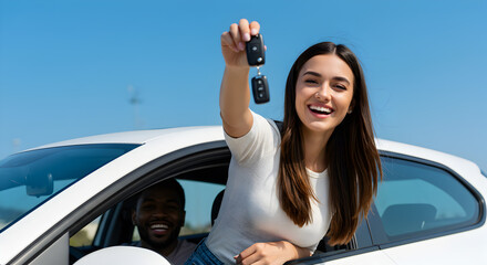 Excited Woman Holding Keys from White Car Under Blue Sky With Dark Skinned Person In Driver Seat