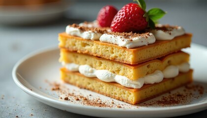 Classic Italian dessert, layers of coffee-soaked ladyfingers and mascarpone cream , tiramisu, coffee beans, white background