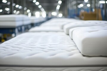 Fototapeta premium Mattress factory production line with rows of beds