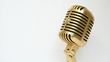 Fototapeta premium Close-up shot of a single gold microphone on white background, golden, retro