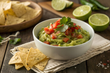 Freshly prepared guacamole with tortilla chips and lime - Creamy avocado dip with tomatoes, garlic and fresh coriander for the perfect snack