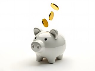 Obraz premium White Piggy Bank with Falling Coins – Budget and Income Deposit Concept