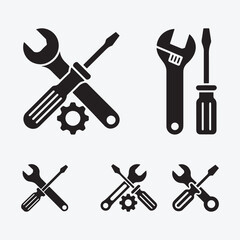 Wrench, screwdriver and gear icon silhouette black design.