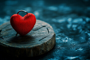 Fototapeta premium Red heart shaped lock on rustic wooden surface dark background