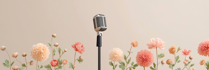 Vintage microphone on stand surrounded by blooming pastel flowers against beige background, symbolizing spring performance or speech