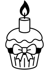 Obraz premium Black and white vector of a candle on a cupcake. Ideal for engraving, logos, prints, and creative food-themed illustrations