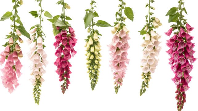 Vertical rows of foxglove flowers, colorful foxglove flowers, arranged vertically and hanging, the beauty of vertical foxglove flowers, foxglove flowers of different colors, on a transparent backgroun