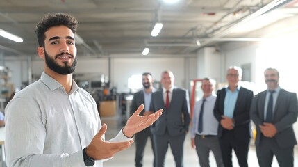 in a brightly lit, industrial space, a man in a patterned shirt stands in the foreground, facing the viewer with his arm