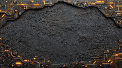 Dark Stone Texture Background with Glowing Circuit Board Frame