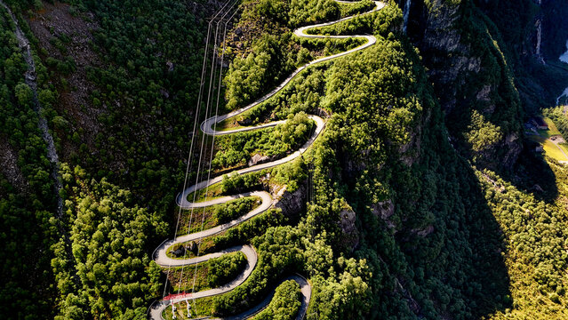 stunning beauty of Norway with a winding road carved through dense forests on a steep mountain. This picturesque route invites adventure seekers and nature lovers alike. Lysefjord, Norway, 
