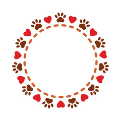 Vector round frame with animal paws, hearts and dotted line. Circle design for dog and cat lovers with copy space for text. Isolated decorative element for pet shop and veterinary, banners, posters