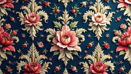 Intricate floral damask, repeating design with acanthus leaves and blossoms , print, photography, style