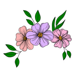 Hand drawn summer spring blooming flowers bouquet hibiscuses in pink and purple for design decoration