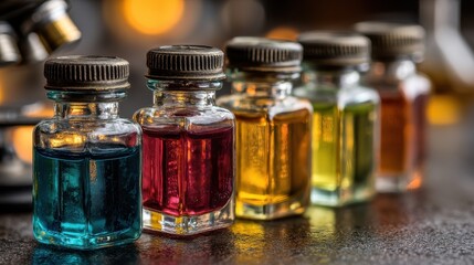 Colorful Glass Bottles Filled with Liquids in a Row Science Experiment Concept