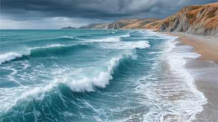 Fototapeta premium Dramatic Ocean Waves Crashing on Sandy Beach