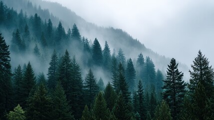 Serene misty forest landscape with pine trees on a foggy day in april.