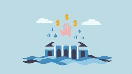 Naklejka premium Hands reaching for money raining down on a dam symbolic of financial crisis and water scarcity