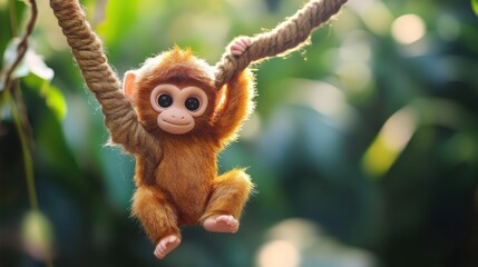 Obraz premium Cute monkey hangs from rope in jungle