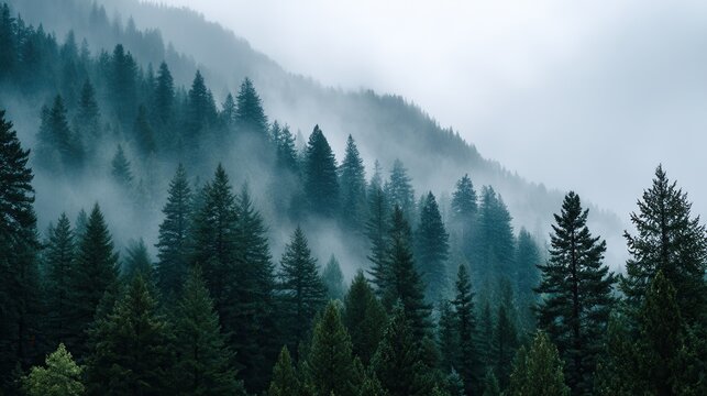 Serene misty forest landscape with pine trees on a foggy day in april.