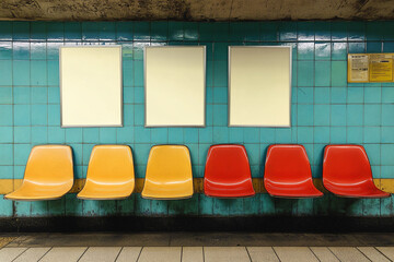 Subway station waiting area with colorful seats and blank advertising panels