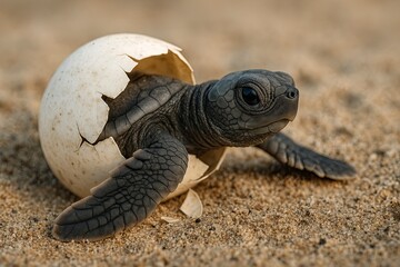 Baby turtles that have just hatched from their egg shells