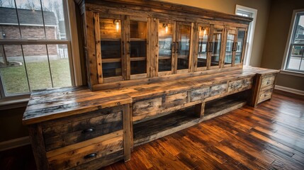 Obraz premium Farmhouse kitchen hutch built reclaimed wood upper glass cabinets and lower drawers for rustic storage