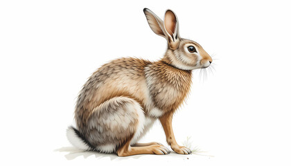 Obraz premium Detailed illustration of a brown hare sitting alert on a white background