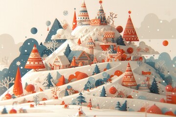 Snowy mountain village scene with trees and buildings, red and blue tones