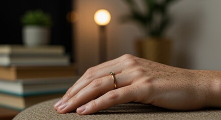 Close-up of hand with ring in cozy interior.