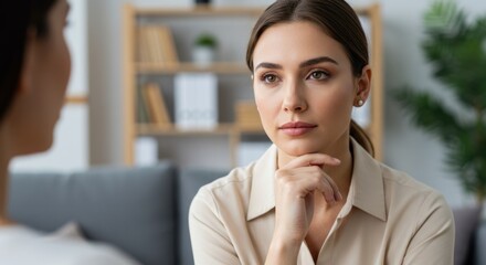 Young caucasian female listening intently during a conversation.