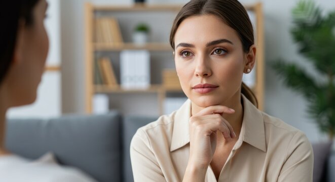Young caucasian female listening intently during a conversation.