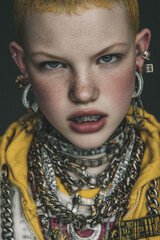 fashion teenposing with visible braces and bold accessories