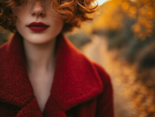 woman in a red coat walking through a forest trail covered in autumn leaves