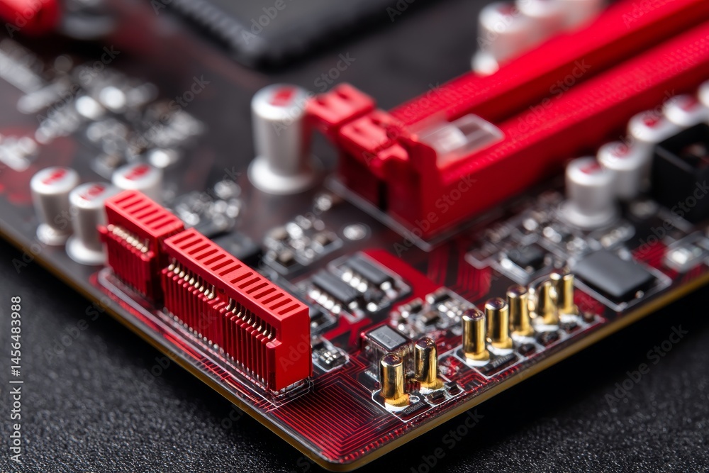 Poster red circuit board from a computer motherboard used as a texture background