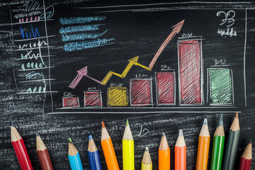 Chalkboard bar graph showing upward trend colorful pencils below
