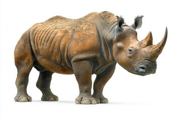 Fototapeta premium A majestic rhinoceros standing proudly, showcasing its unique features and textured skin, symbolizing wildlife conservation. Copy space,