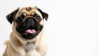 Pug with endearing expression, isolated white backdrop Close-up shot , headshot, pug