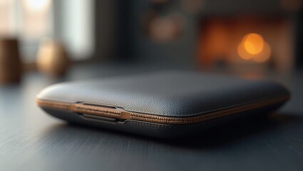 VEEDIO. Black leather wallet closeup with zipper on wooden table indoo