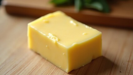 Vegan Butter. Close-up of smooth yellow butter block on wooden table d