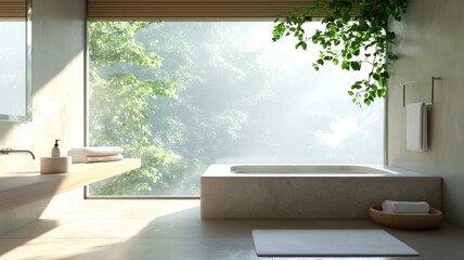 Fototapeta premium Serene Bathroom Retreat with Bathtub Overlooking Forest View bathroom bathtub serene forest view spa