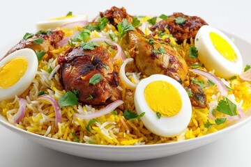 Closeup View Of A Rice Dish With Chicken And Eggs