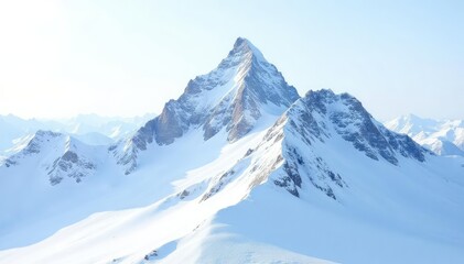 Snow covered mountain peak, bright white background, peaceful, serene