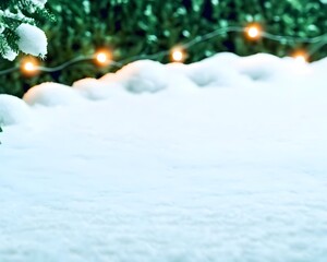 Snowy scene with soft-focus lights, evergreen boughs, and a tranquil winter atmosphere