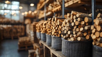 Rows of firewood stacked in baskets and on shelves, ready for the winter season.
