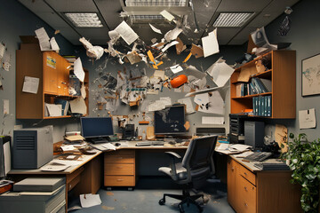 Messy office chaos papers flying everywhere desk computer chair
