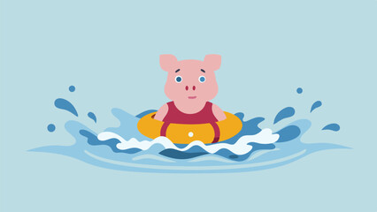 Adorable piglet enjoys a fun summer swim floating on a life preserver in playful ocean waves