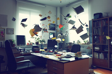Office chaos papers flying desk messy room bookshelves